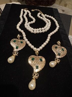 GG Pearl and Gold Heart Necklace and Earrings